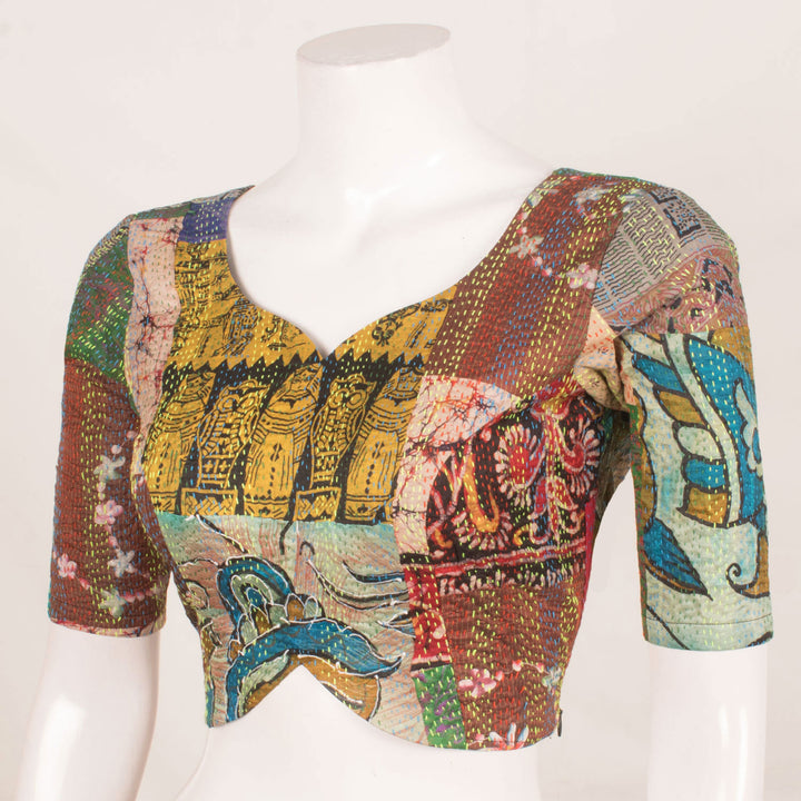 Handcrafted Sweetheart Neck Multicolour Patchwork Silk Blouse with Kantha Embroidery and Side Zip