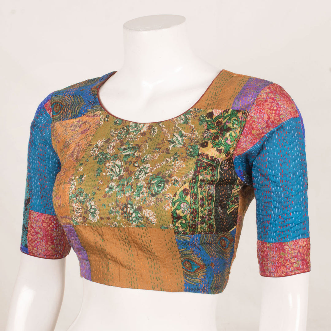Handcrafted Multicolour Patchwork Silk Blouse with Kantha Embroidery and Oval Back