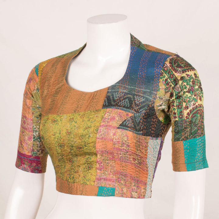 Handcrafted Multicolour Patchwork Silk Blouse with Kantha Embroidery and Side Zip