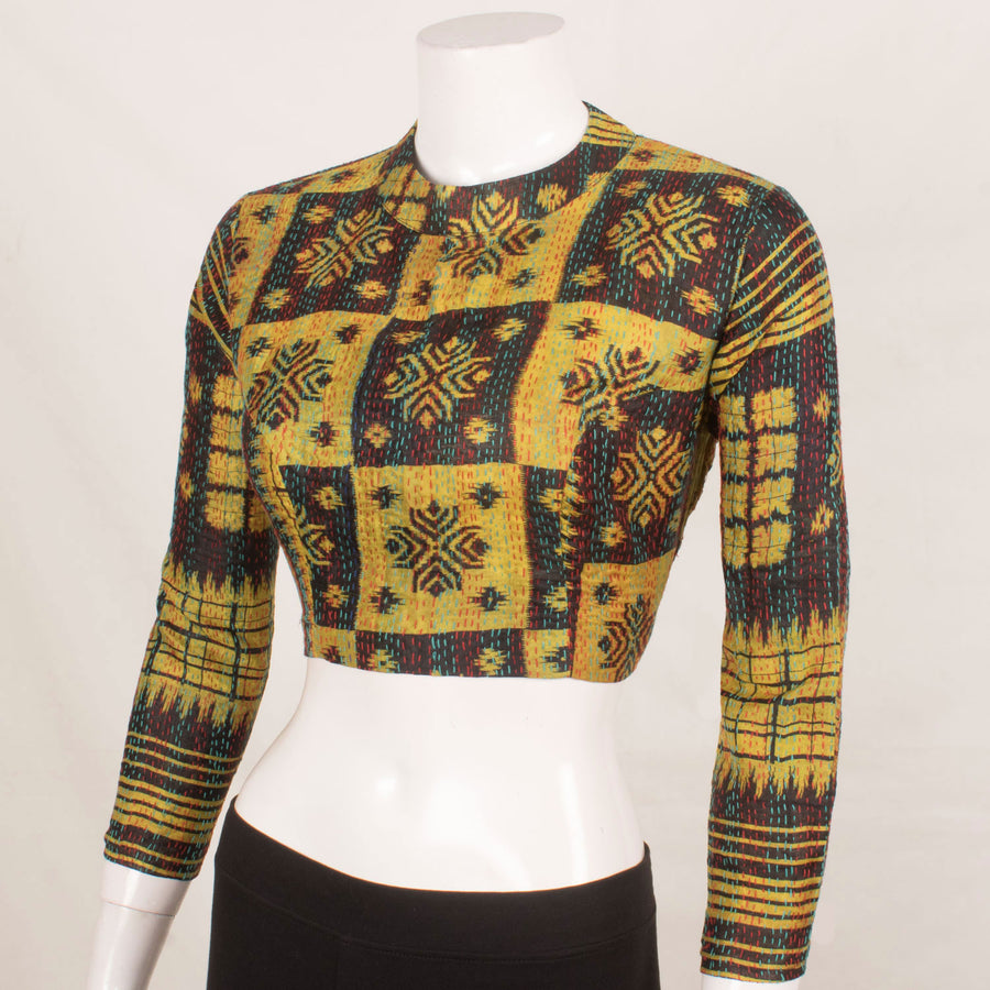 Handcrafted Silk Blouse with Kantha Embroidery, Collar Neck and Long Sleeves