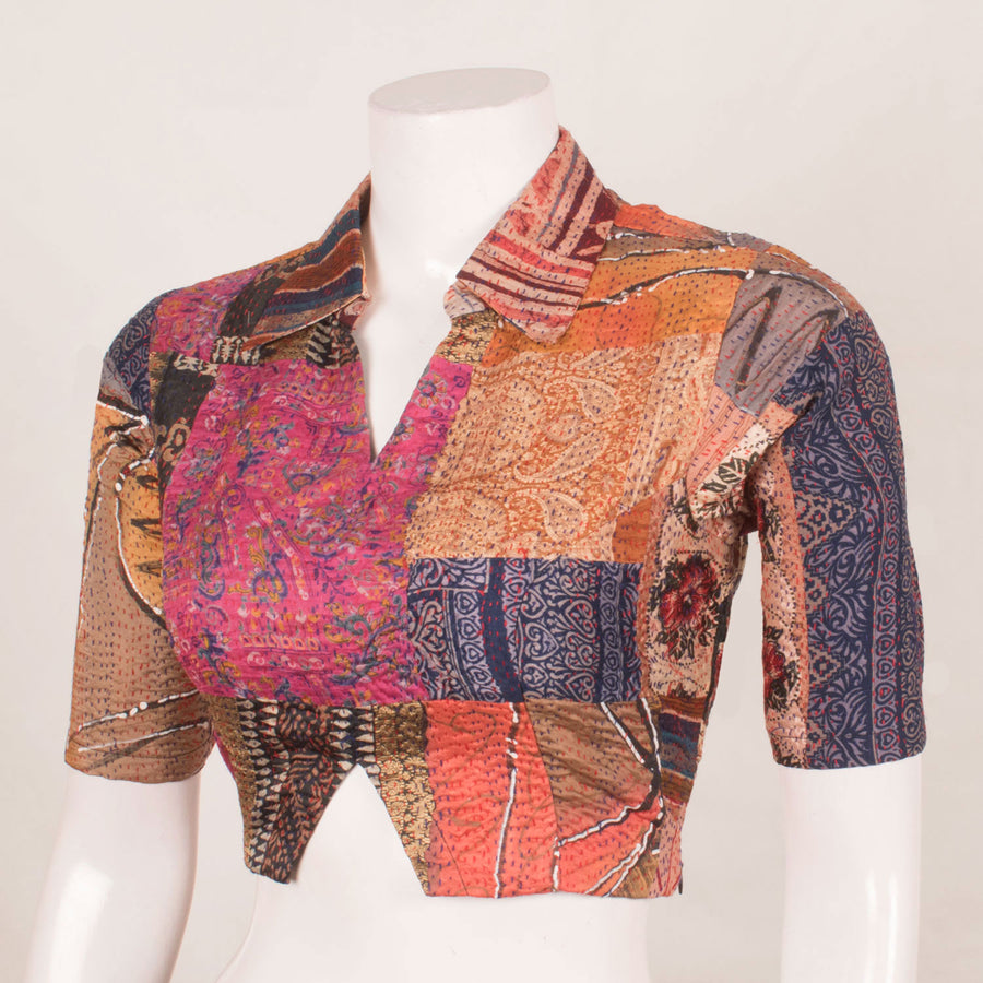 Handcrafted Multicolour Patchwork Silk Blouse with Kantha Embroidery, Shirt Collar Neck and Side Zip