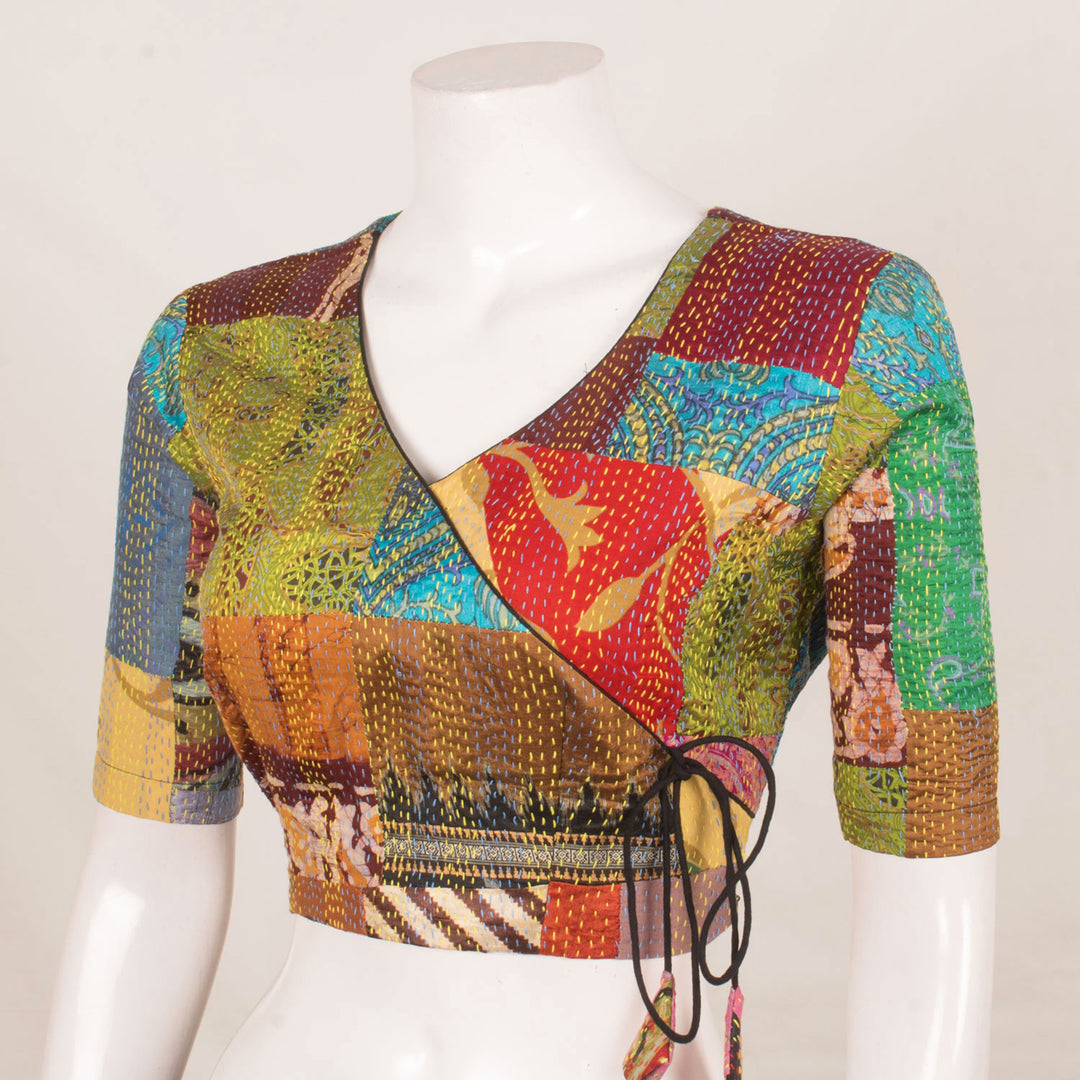 Handcrafted Multicolour Patchwork Silk Blouse with Kantha Embroidery, Angrakha Style and Side Zip