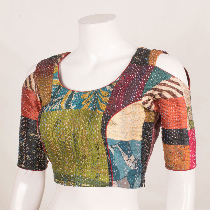 Handcrafted Multicolour Patchwork Silk Blouse with Kantha Embroidery, Cold Shoulder Design and Side Zip