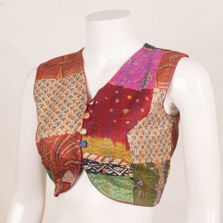 Handcrafted Multicolour Patchwork Sleeveless Silk Blouse with Kantha Embroidery and Front Boondi Buttons