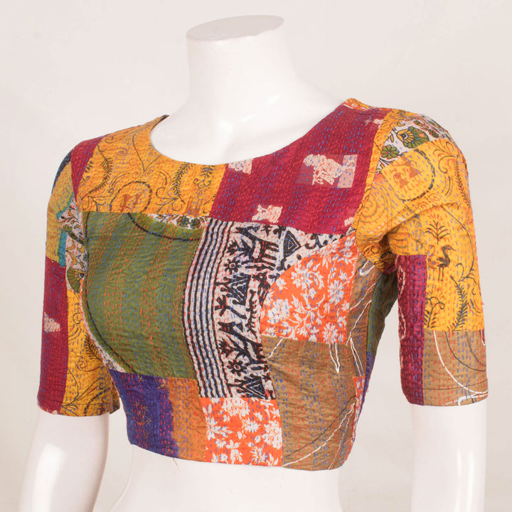Handcrafted Multicolour Patchwork Silk Blouse with Kantha Embroidery and Diamond-Cut Back