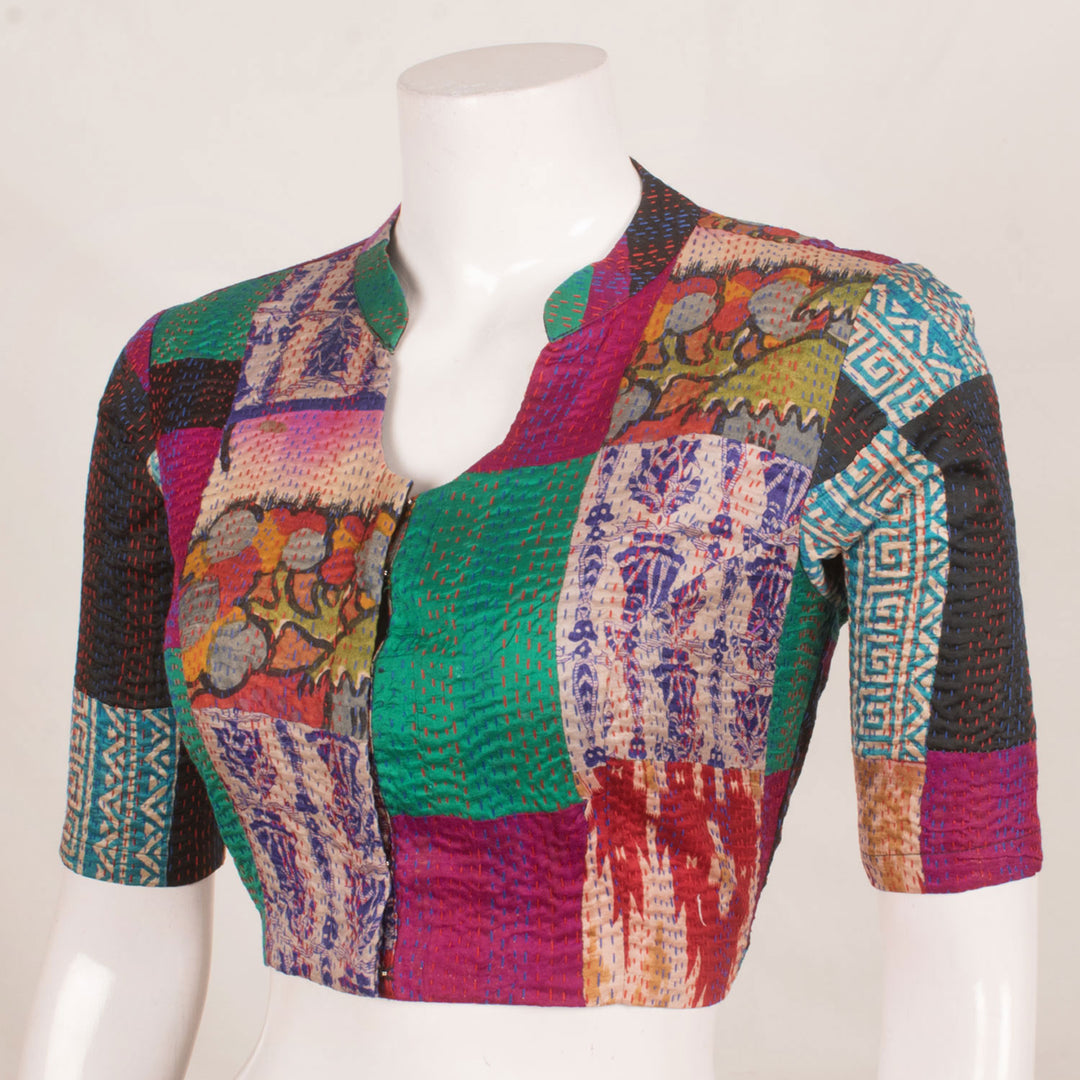 Handcrafted Multicolour Patchwork Silk Blouse with Kantha Embroidery and Collar Neck