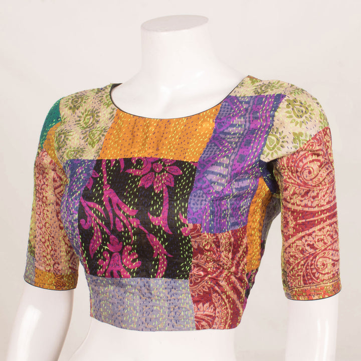 Handcrafted Multicolour Patchwork Silk Blouse with Kantha Embroidery and Double Tie-Up Back 