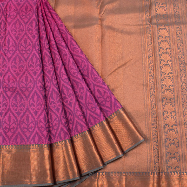 Handcrafted Pure Silk Jacquard Kanjivaram Saree with Ikat Design and Copper Tone Zari Border