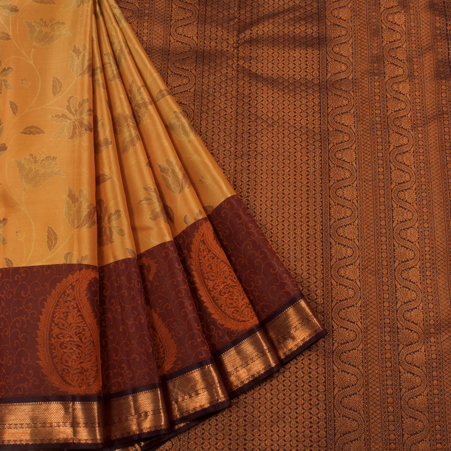 Handcrafted Pure Silk Jacquard Kanjivaram Saree with Floral Motifs and Paisley, Copper Tone Zari Border