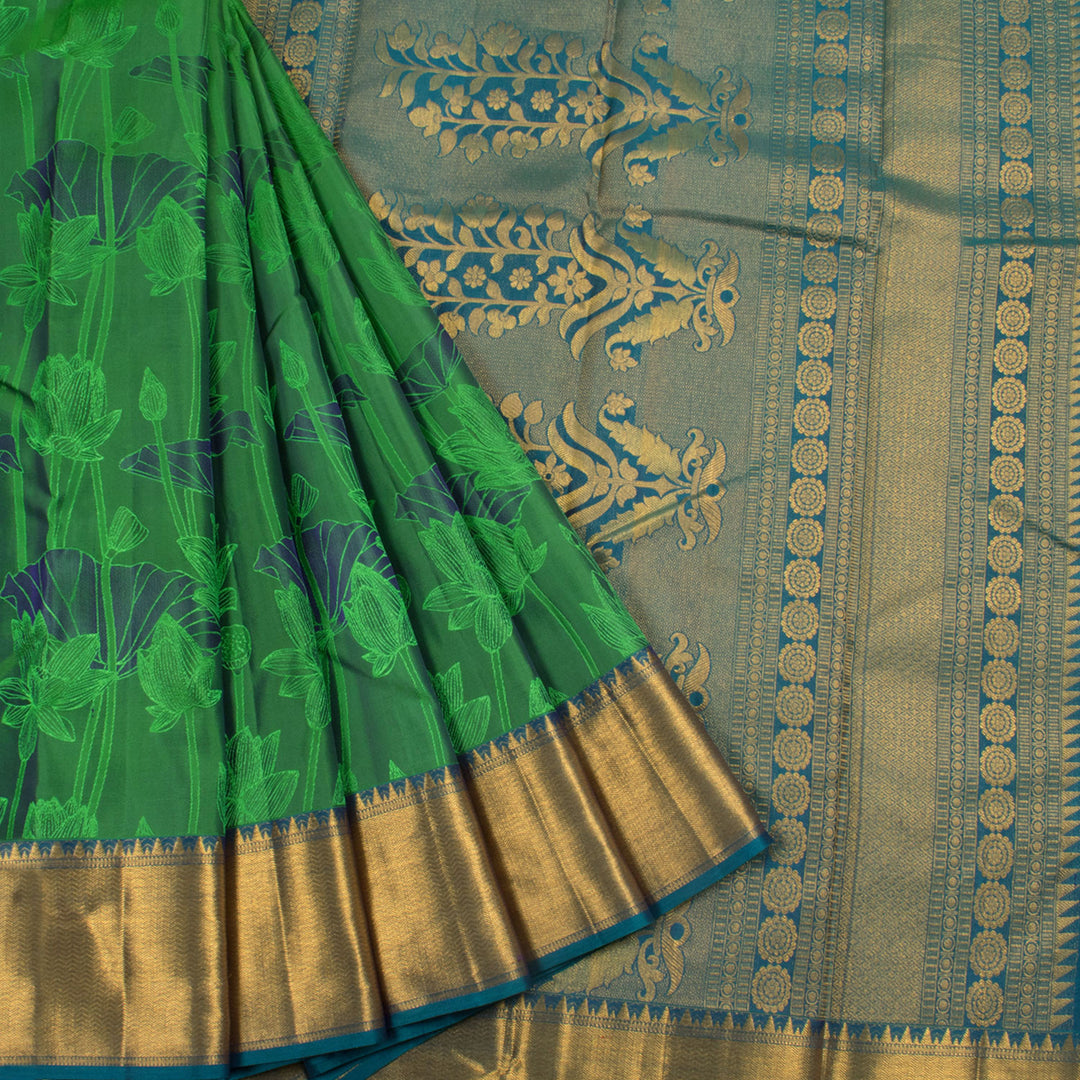 Handcrafted Pure Silk Jacquard Kanjivaram Saree with Leaf Design and Bavanji Border