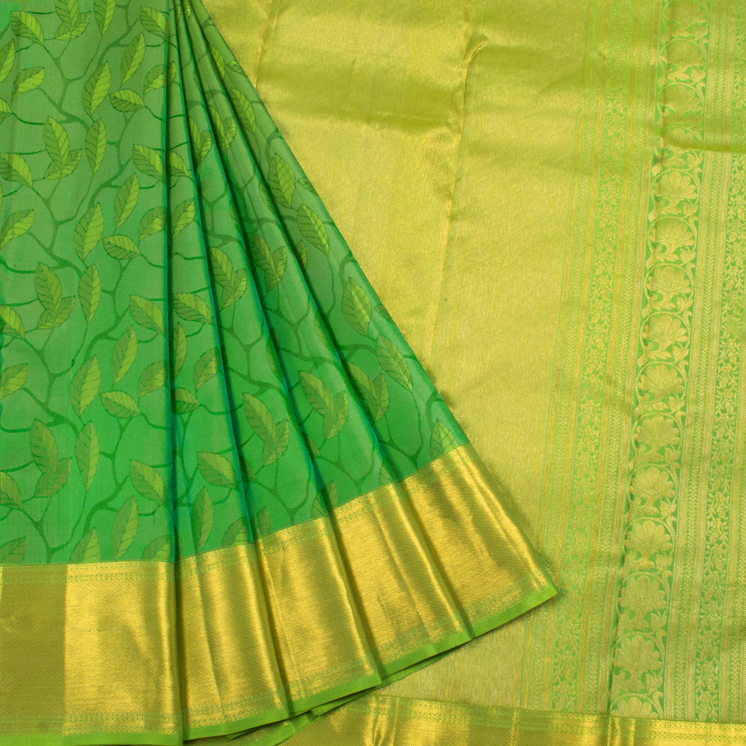 Handcrafted Pure Silk Jacquard Kanjivaram Saree with Leaf Design and Bavanji Border