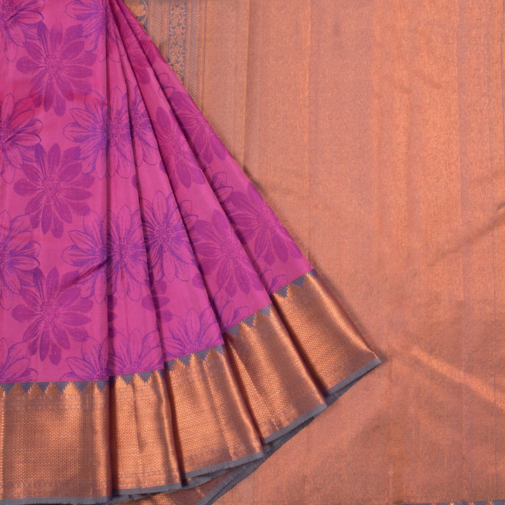 Handcrafted Pure Silk Jacquard Kanjivaram Saree with Floral Design and Diamond Copper Coloured Zari Border