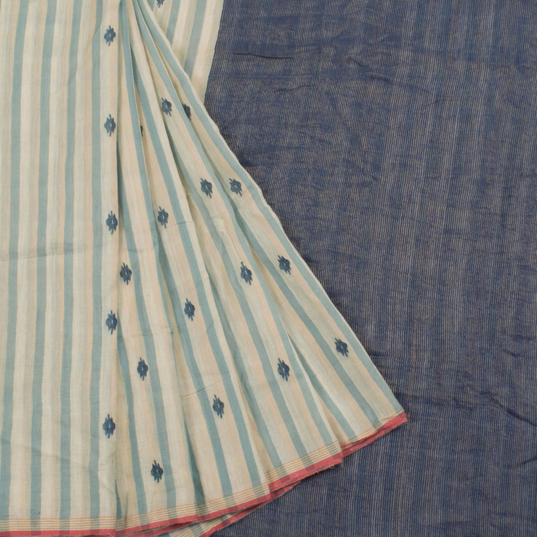 Handloom Jamdani Khadi Cotton Saree with Stripes Design Floral Motifs and Zari Pallu 10056777
