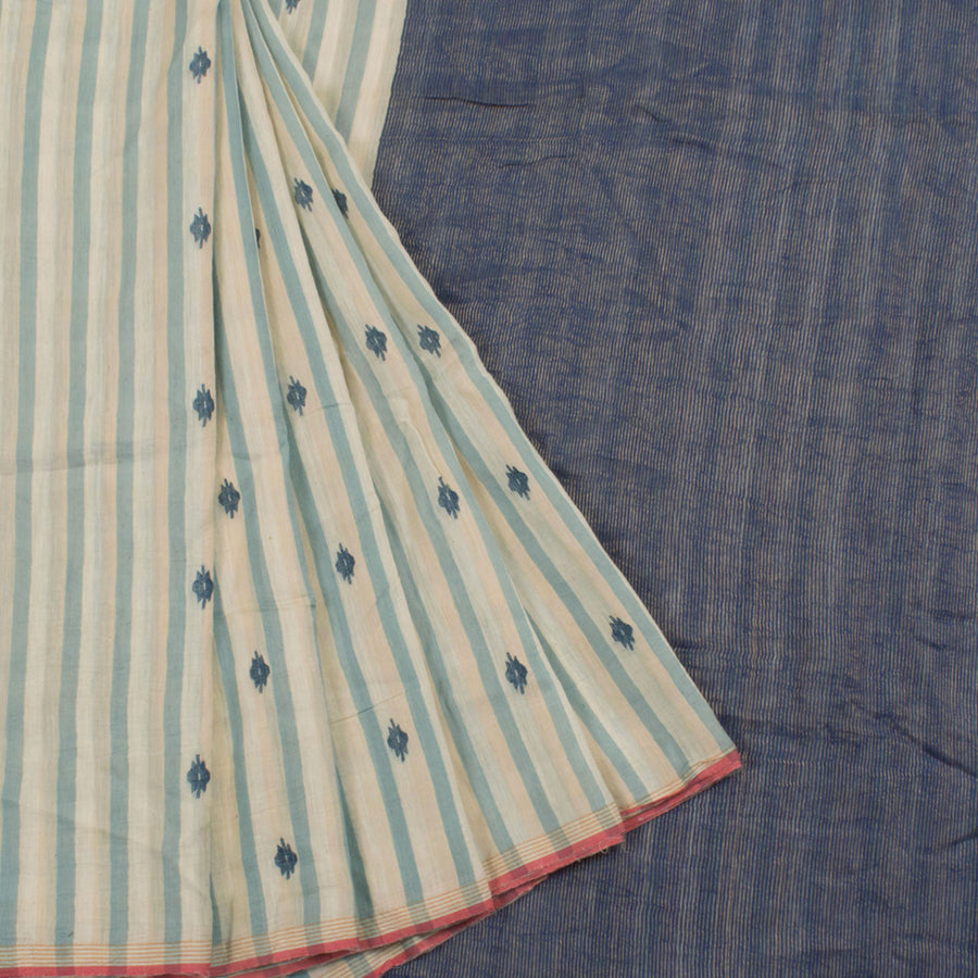 Handloom Jamdani Khadi Cotton Saree with Stripes Design Floral Motifs and Zari Pallu 10056777