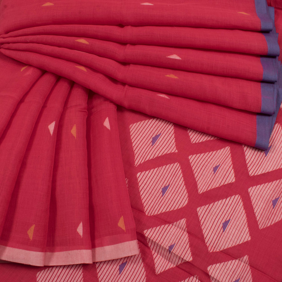 Handloom Jamdani Tussar Cotton Saree with Geometric Motifs and Ganga Jamuna Border