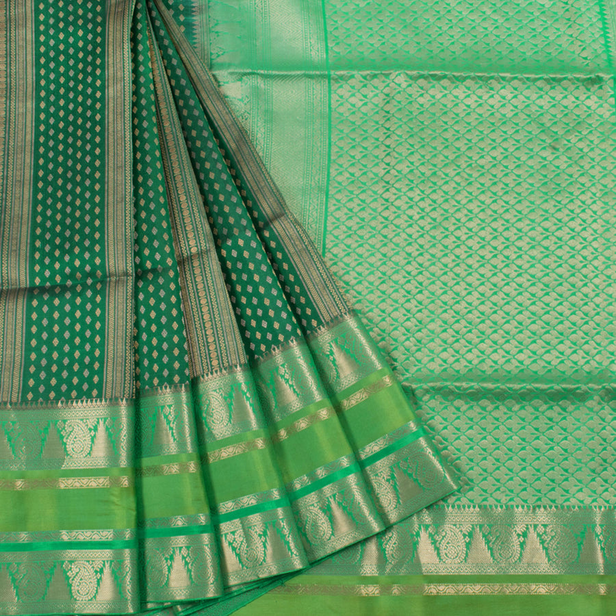 Handloom Kanjivaram Soft Silk Saree with All Over Zari Motifs and Paisley, Temple Rekku Border