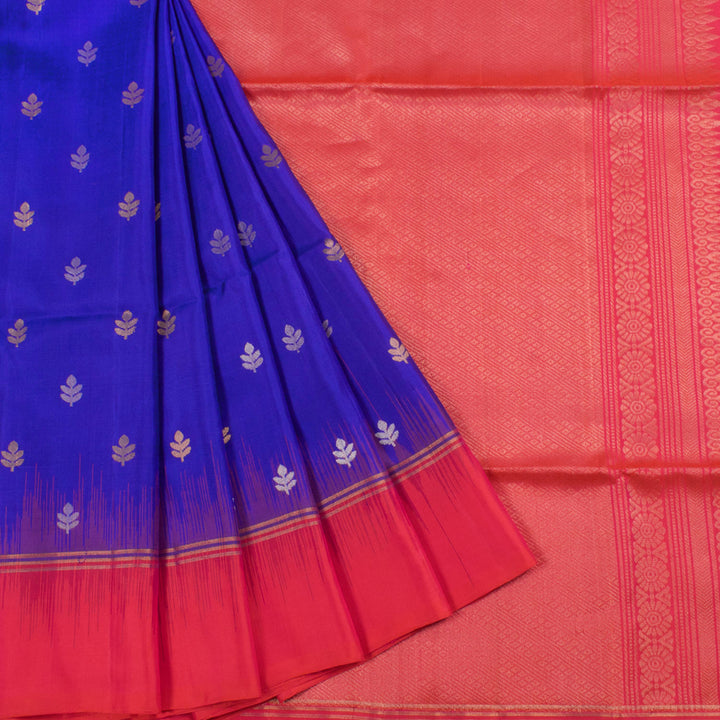 Handloom Kanjivaram Soft Silk Saree with Gold and Silver Tone Floral Motifs and Kuyil Kann Pallu