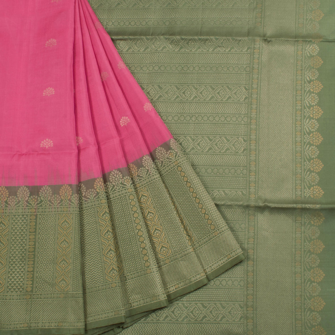 Handloom Kanjivaram Soft Silk Saree with Floral Motifs and Arai Maadam, Diamond, Rudhraksh Border