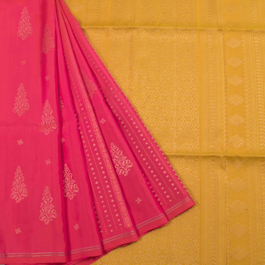 Handloom Kanjivaram Soft Silk Saree with Floral Motifs and Diamond Stripes Design