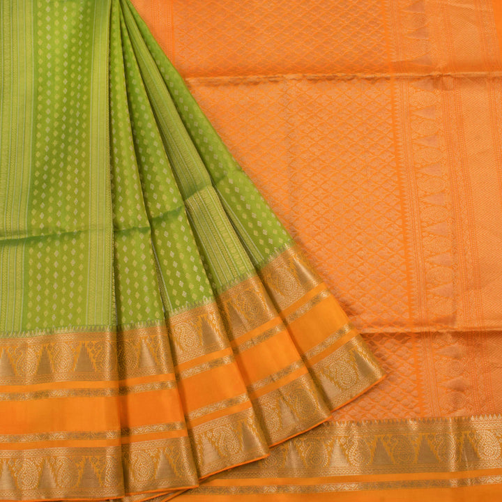 Handloom Kanjivaram Soft Silk Saree with allover Zari Motifs and Paisley, Temple Rekku Border