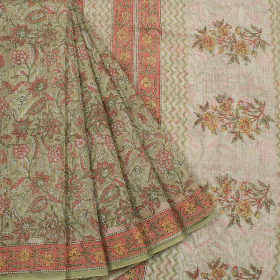 Hand Block Printed Kota Cotton Saree with Floral Design 