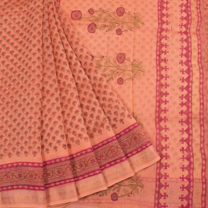 Hand Block Printed Maheshwari Silk Cotton Saree with Floral Motifs and Zari Border