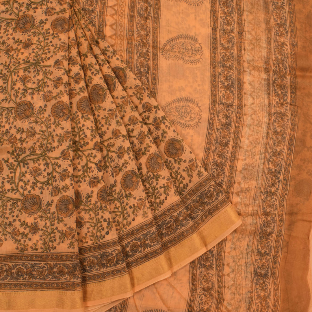 Hand Block Printed Maheshwari Silk Cotton Saree with Floral Design and Zari Border