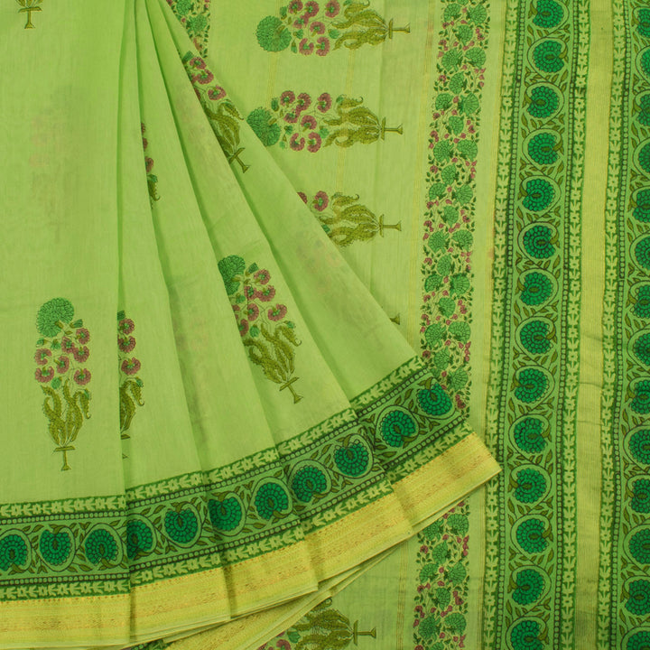 Hand Block Printed Maheshwari Silk Cotton Saree with Floral Motifs and Zari Border