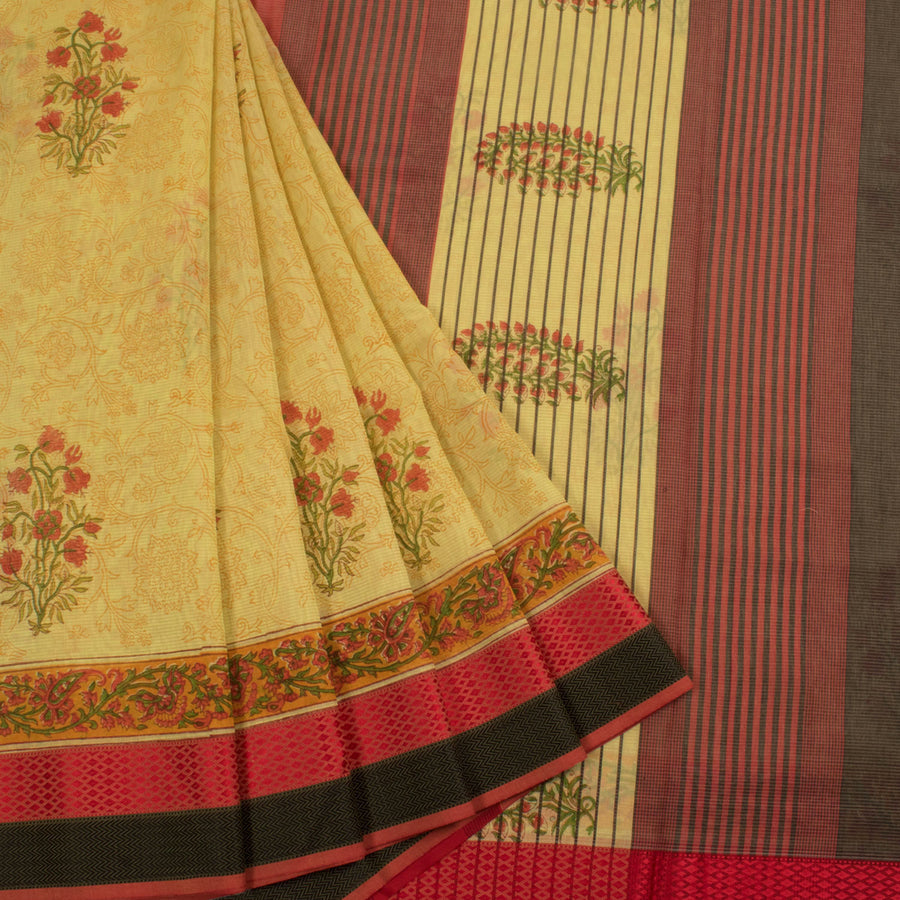 Hand Block Printed Maheshwari Silk Cotton Saree with Floral Motifs and Diamond, Zigzag Woven Border