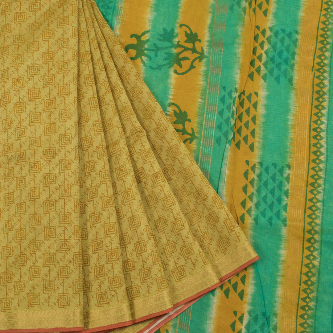 Hand Block Printed Maheshwari Silk Cotton Saree with Geometric Design and Zari Border 