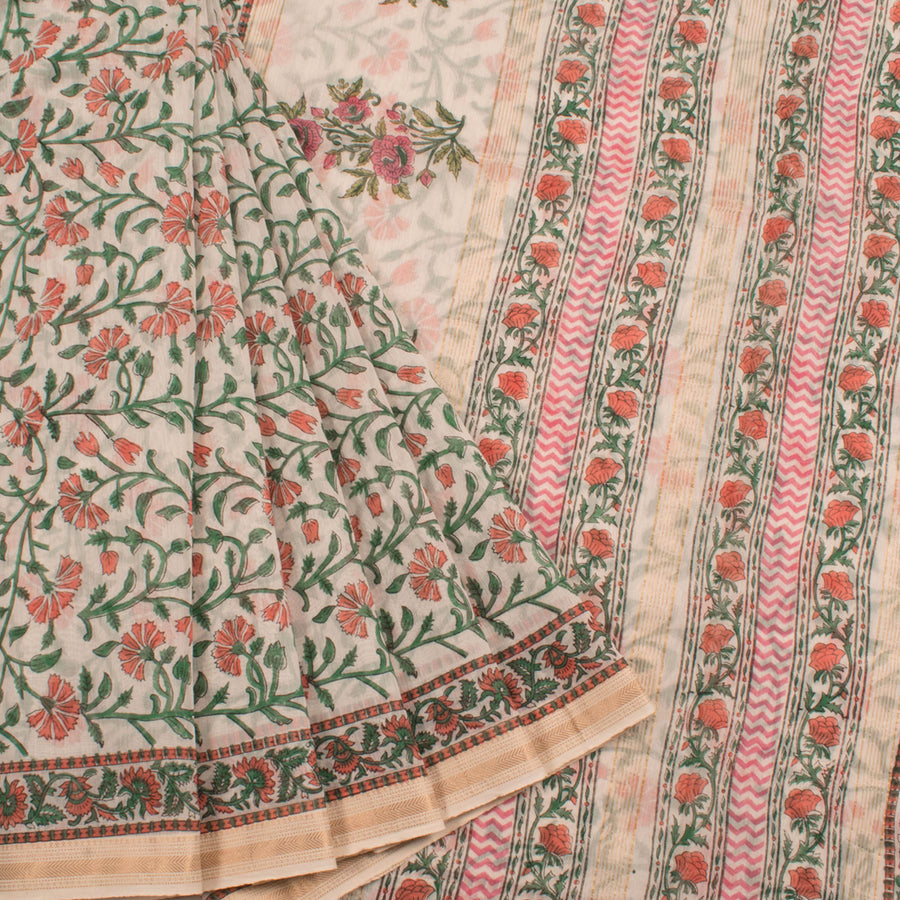 Hand Block Printed Maheshwari Silk Cotton Saree with Floral Design and Zari Border