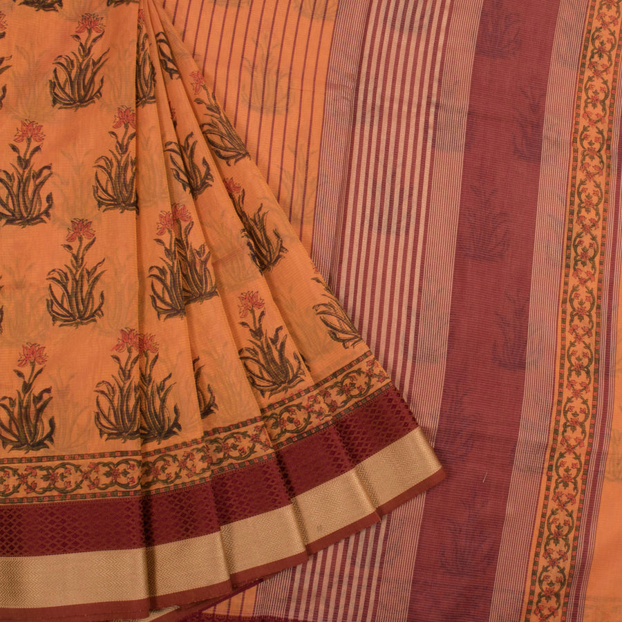 Hand Block Printed Maheshwari Silk Cotton Saree with Floral Motifs and Diamond, Zigzag Woven Border
