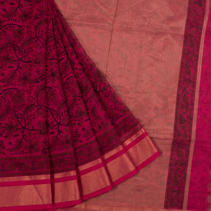 Hand Block Printed Maheshwari Silk Cotton Saree with Missing Weave Design and Floral Motifs