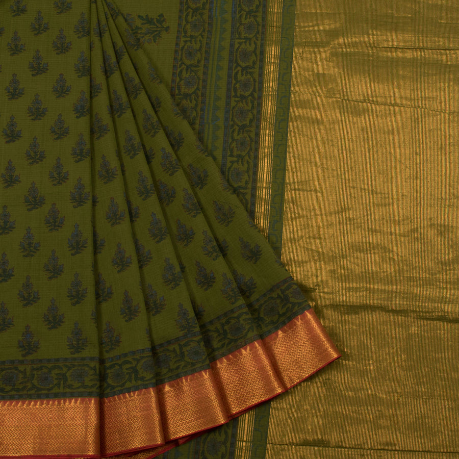 Hand Block Printed Mangalgiri Cotton Saree with Floral Motifs and Zari Border