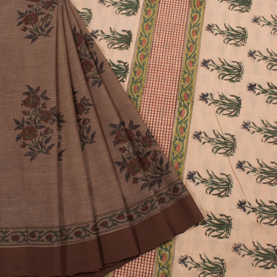 Hand Block Printed Mangalgiri Cotton Saree with Floral Motifs