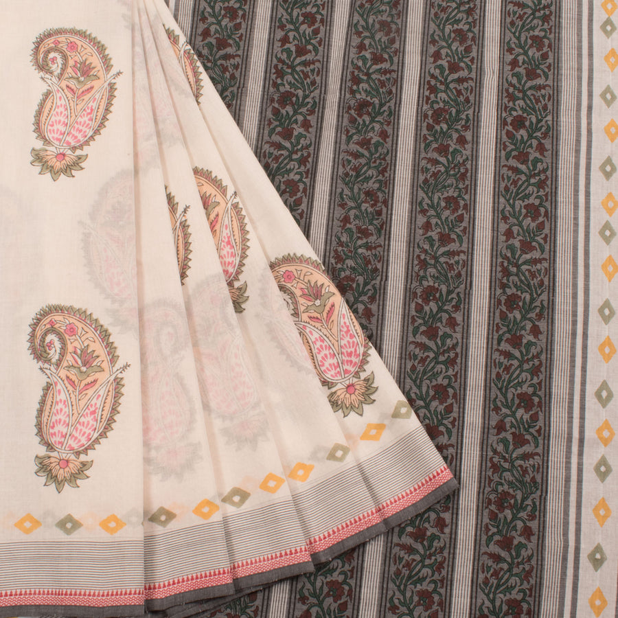 Hand Block Printed Mangalgiri Cotton Saree with Paisley Motifs and Stripes, Diamond Border 