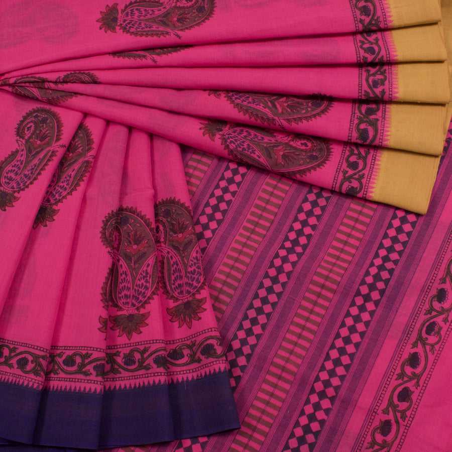 Hand Block Printed Mangalgiri Cotton Saree with Paisley Motifs and Ganga Jamuna Border