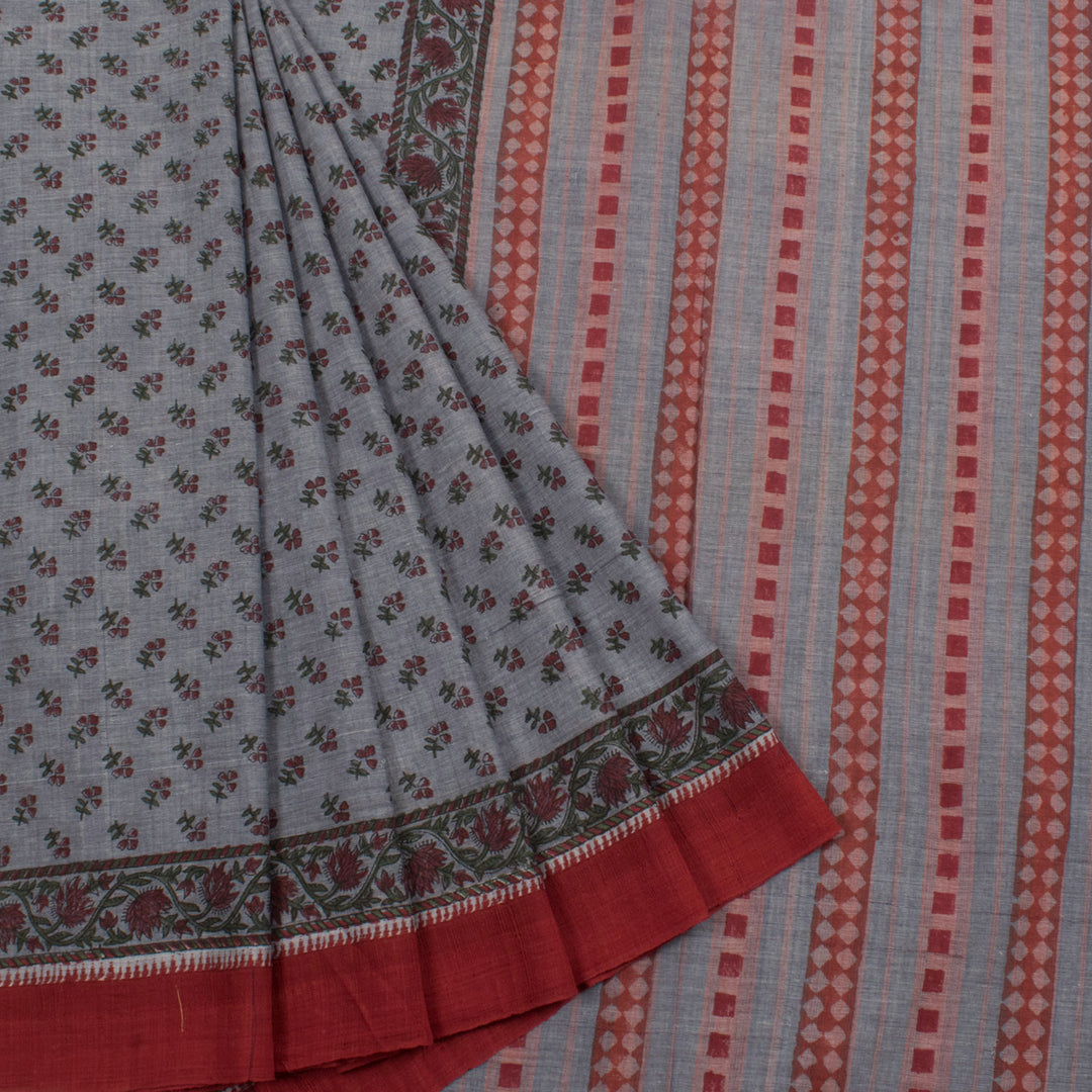 Hand Block Printed Mangalgiri Cotton Saree with Floral Motifs and Contrast Border