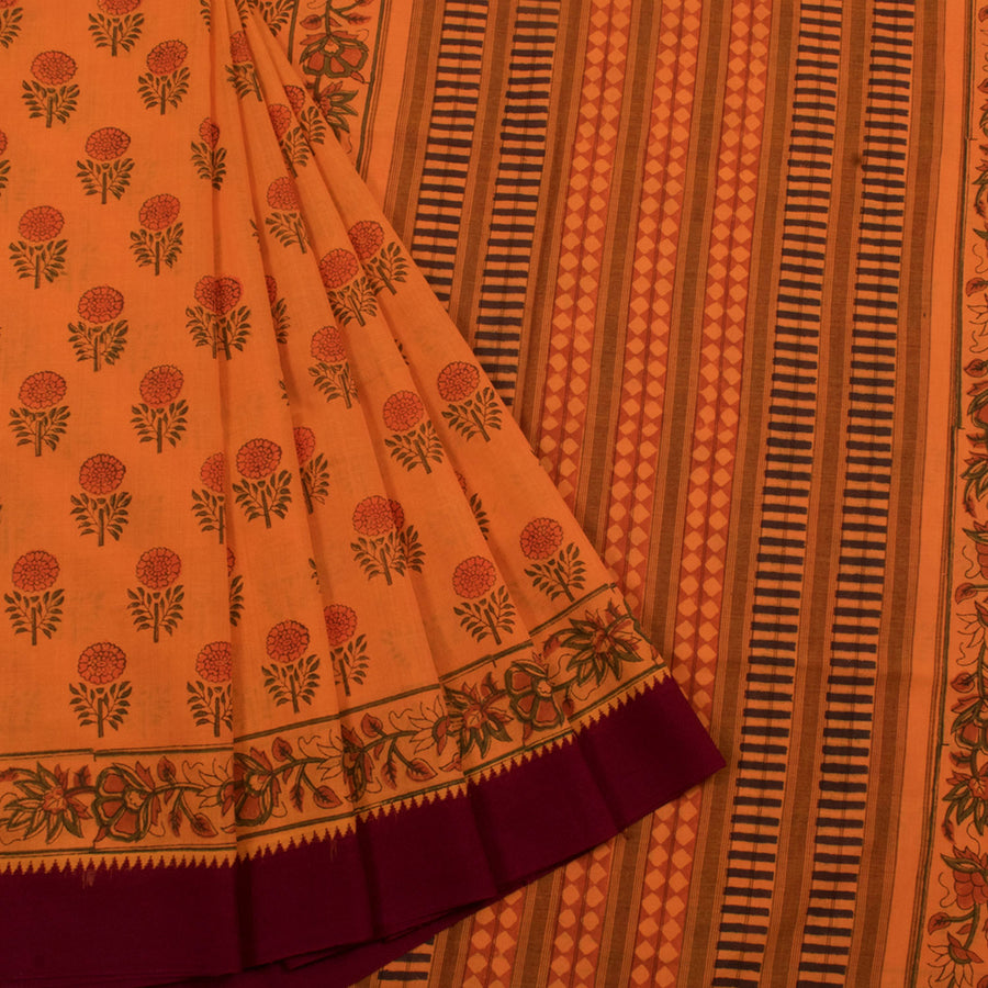 Hand Block Printed Mangalgiri Cotton Saree with Floral Motifs and Temple Border