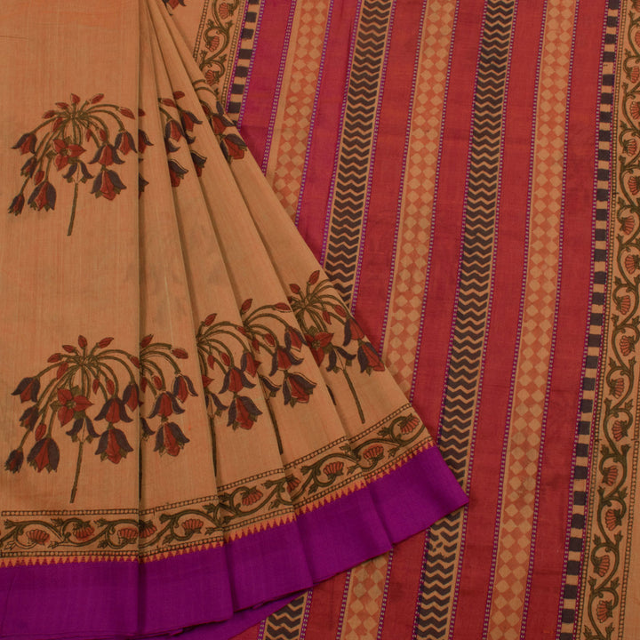 Hand Block Printed Mangalgiri Cotton Saree with Floral Motifs and Contrast Temple Border