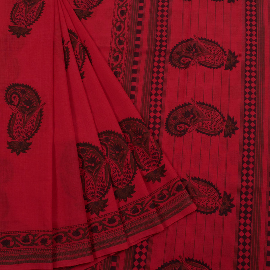 Hand Block Printed Mangalgiri Cotton Saree with Paisley Motifs