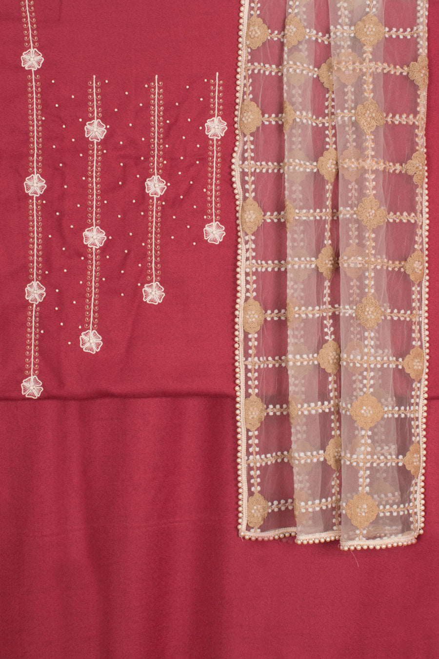 Hand Embroidered Blended Cotton 3-Piece Salwar Suit Material with Pearl Work Yoke and Fancy Net Dupatta