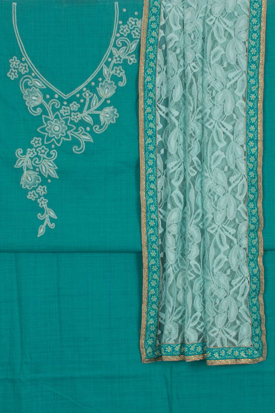 Hand Embroidered Cotton 3-Piece Salwar Suit Material with Cord Embroidery Yoke and Parsi Work Net Dupatta