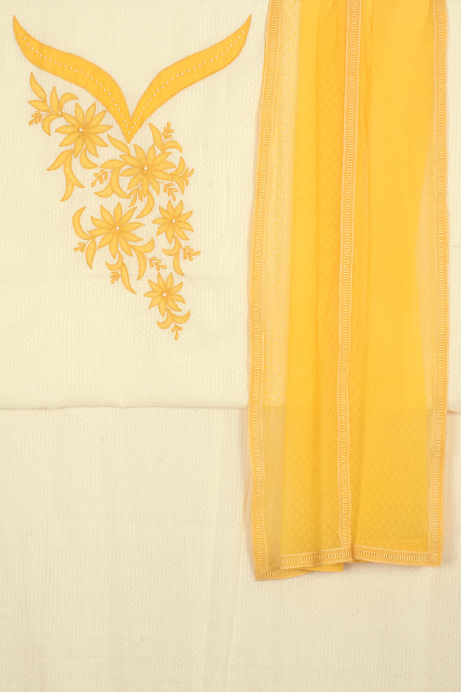 Hand Embroidered Doria Cotton 3-Piece Salwar Suit Material with Net Embroidery Yoke, Pearl Work and Self-dotted yellow net Dupatta
