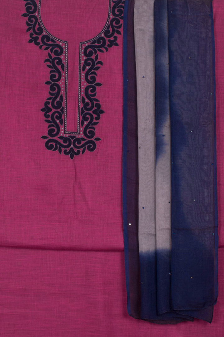 Hand Embroidered Blended Cotton 3-Piece Salwar Suit Material with Double Shade Chinon Dupatta
