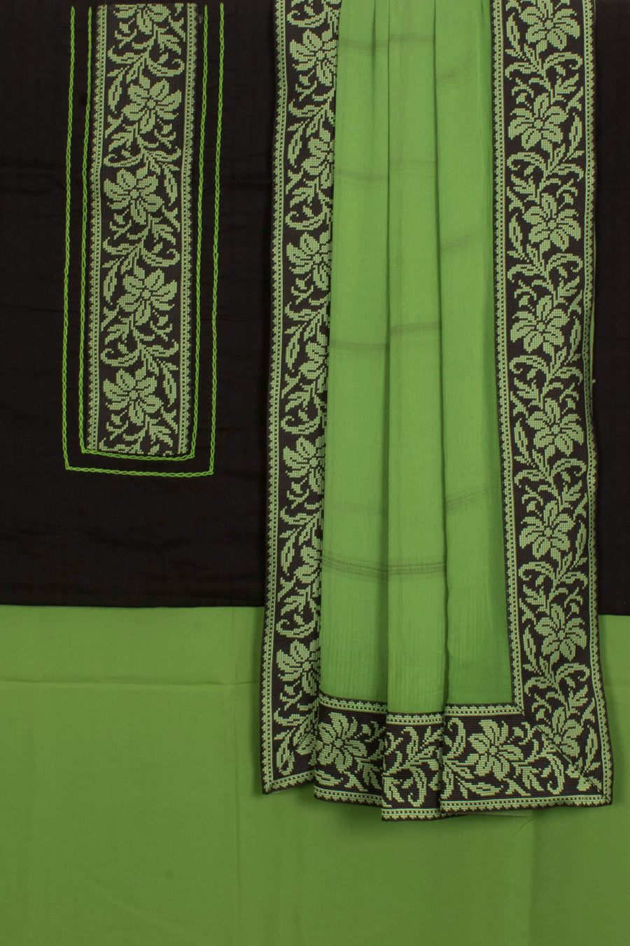 Hand Embroidered Doria Cotton 3-Piece Salwar Suit Material with Cross-stitch Border Patta Enhanced Yoke and Chiffon Dupatta 
