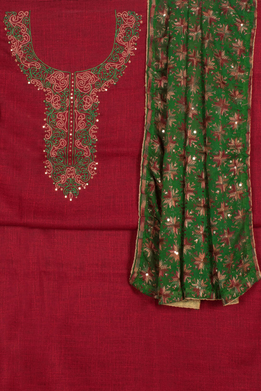 Hand Embroidered Blended Cotton 3-Piece Salwar Suit Material with Cord Embroidery Yoke and Phulkari Georgette Dupatta 