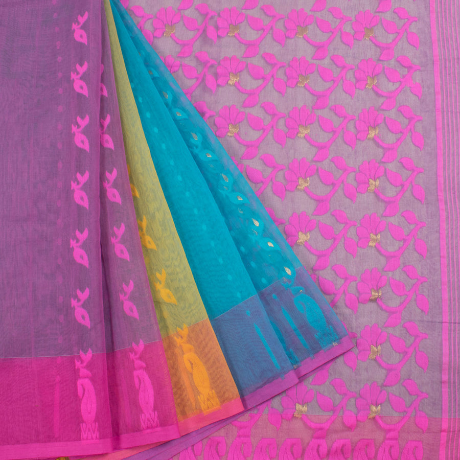 Handloom Dhakai Cotton Saree with Floral Zari Motifs and Partly Pallu Design