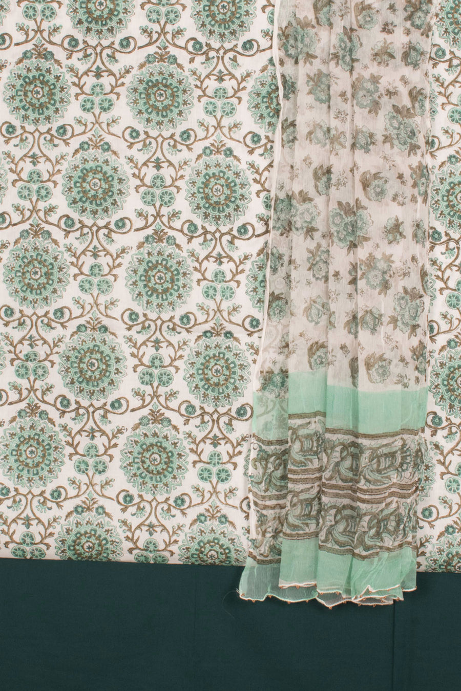 Hand Block Printed Cotton 3-Piece Salwar Suit Material with Mulmul Bottom and Chiffon Dupatta