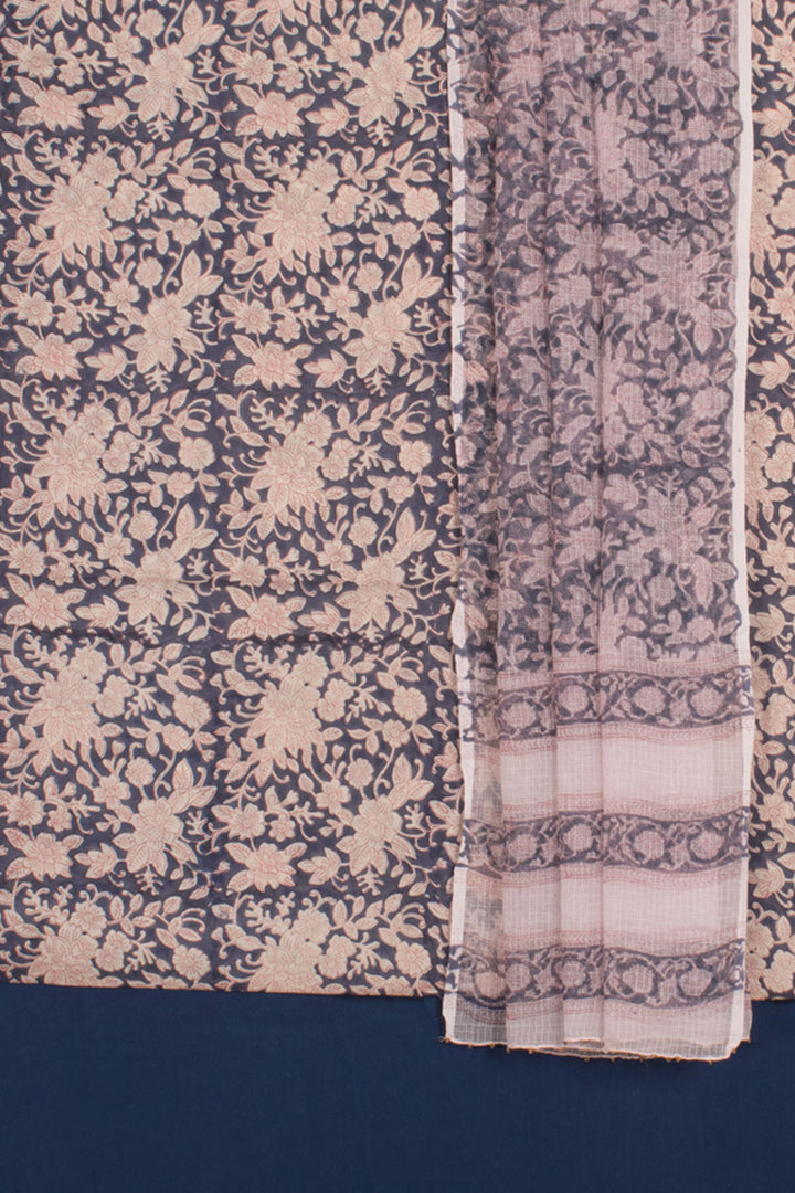 Hand Block Printed Cotton 3-Piece Salwar Suit Material with Mulmul Bottom and Kota Dupatta